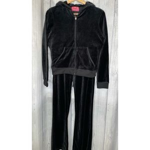 JUICY COUTURE Velour Track Suit Set Zip Front Hoodie Flare Leg Black Sz Large